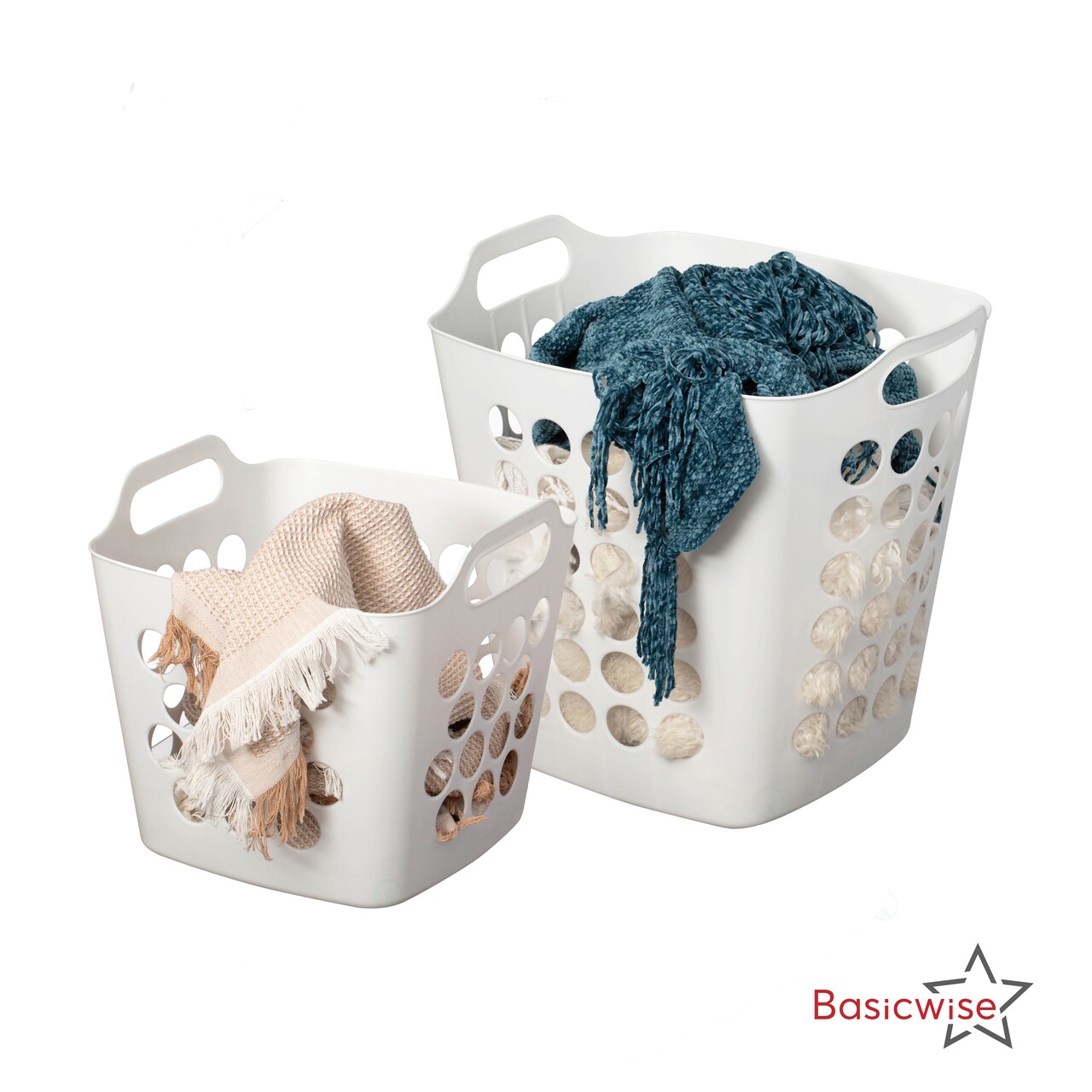 Basicwise Set of 2 Plastic Laundry Baskets with Handles Large & Small Ventilated Hampers for Clothes Storage & Organization Lightweight Stackable Bins for Bedroom Bathroom Dorm and Washing Area